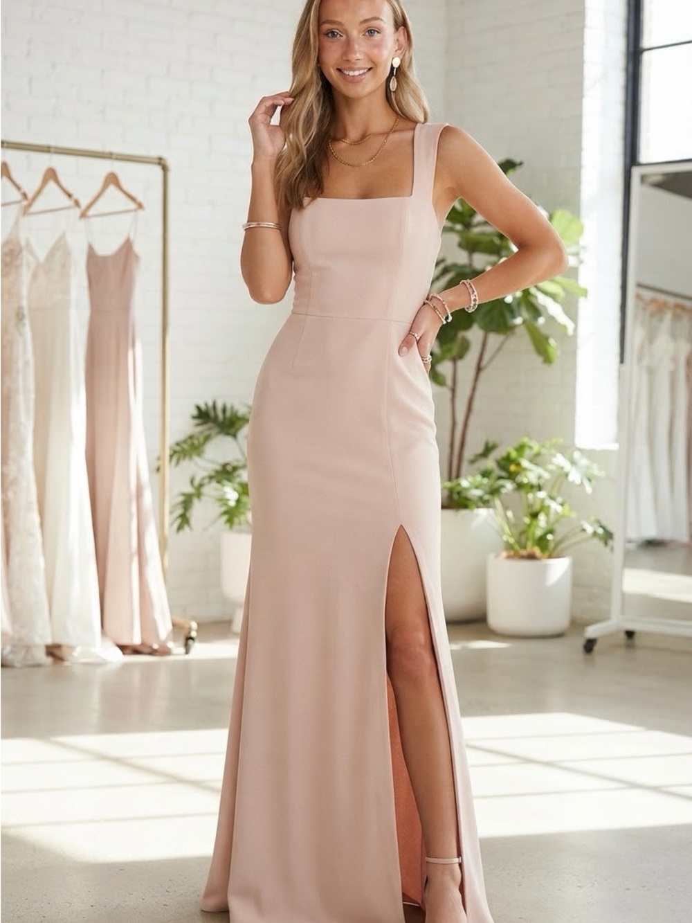 Show Me Your MuMu Blush Square-Neck Maxi Gown with High Slit